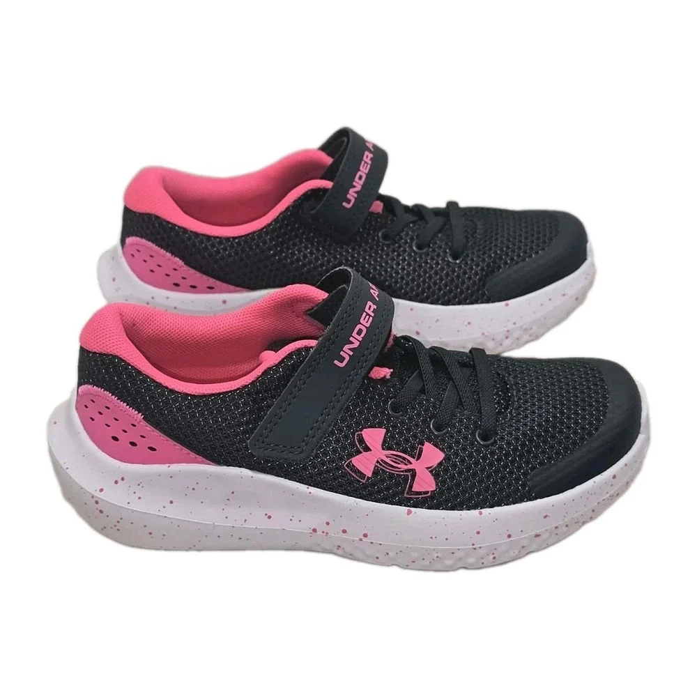 Under Armour Kids Running Shoes Black Pink Hook & Loop Sneakers Size 1Y EUC